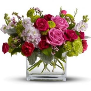 Chic in Pink Flower Arrangement with Alstroemeria, Poms, Roses, spray roses, and stock flowers