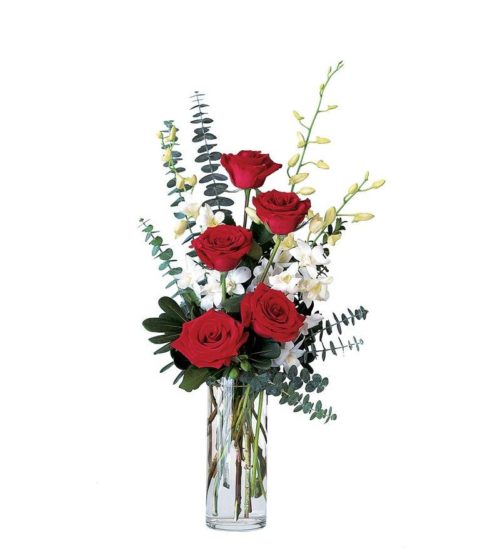 Red Roses and White Orchid Flower arrangement from locally owned lake oswego florist artistic flowers